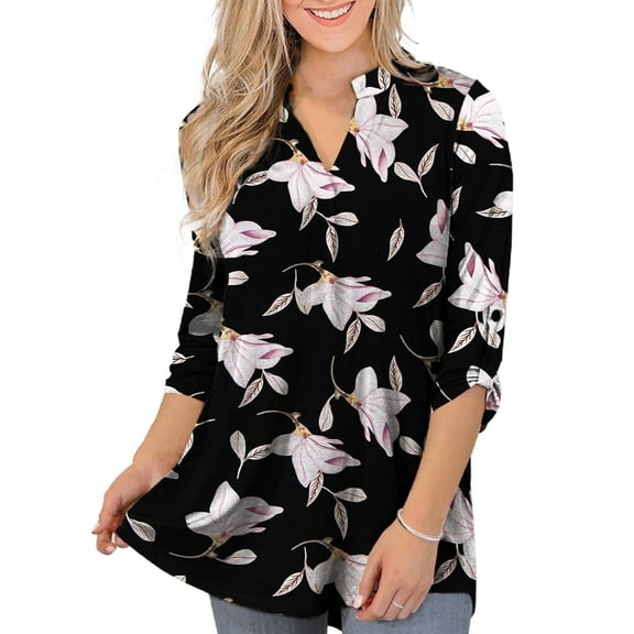 VERABENDI Women's Plus Size Tops 3/4 Sleeve Shirts Dressy Casual Metal Buckle V-Neck Tunic Blouses,M-4XL