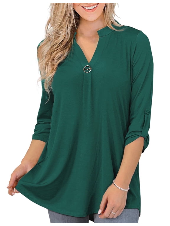 Women's Plus Size Tops 3/4 Sleeve Shirts Dressy Casual Metal Buckle V-Neck Tunic Blouses,M-4XL