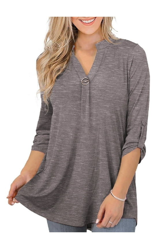 Women's Plus Size Tops 3/4 Sleeve Shirts Dressy Casual Metal Buckle V-Neck Tunic Blouses,M-4XL