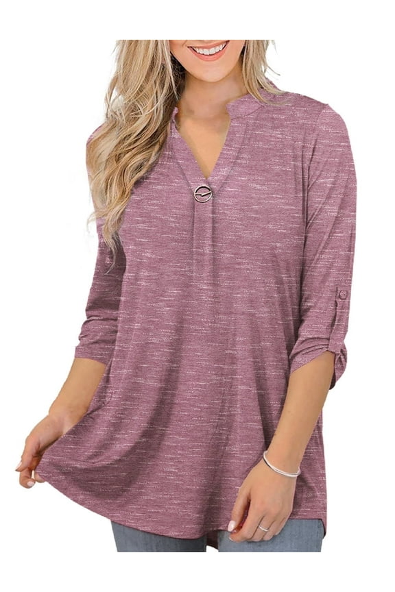 Women's Plus Size Tops 3/4 Sleeve Shirts Dressy Casual Metal Buckle V-Neck Tunic Blouses,M-4XL