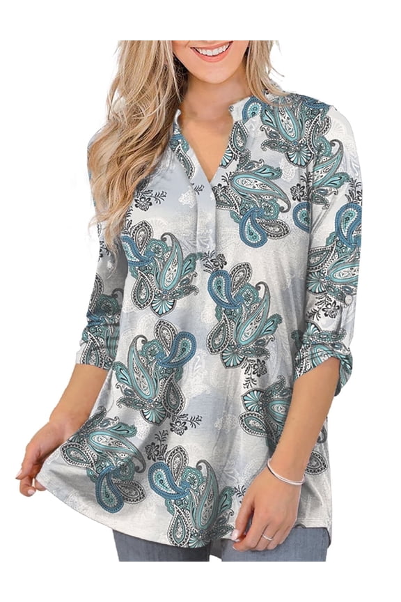 Women's Plus Size Tops 3/4 Sleeve Shirts Dressy Casual Metal Buckle V-Neck Tunic Blouses,M-4XL