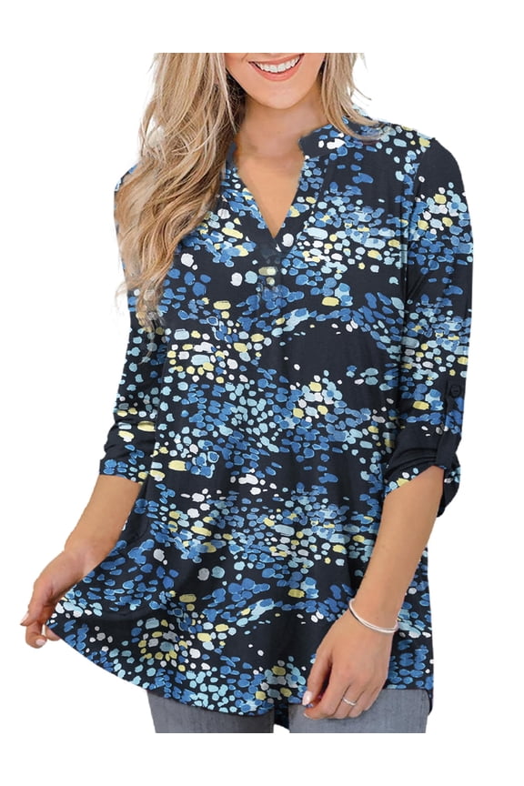 Women's Plus Size Tops 3/4 Sleeve Shirts Dressy Casual Metal Buckle V-Neck Tunic Blouses,M-4XL