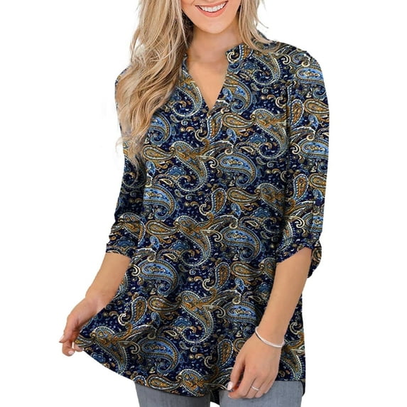 VERABENDI Women's Plus Size Tops 3/4 Sleeve Shirts Dressy Casual Metal Buckle V-Neck Tunic Blouses,M-4XL