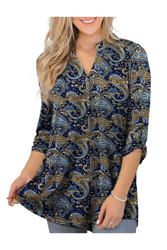 Women's Plus Size Tops 3/4 Sleeve Shirts Dressy Casual Metal Buckle V-Neck Tunic Blouses,M-4XL