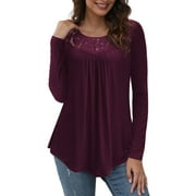 CPOKRTWSO Women's Long Sleeve Tops Plus Size Tunic Shirts Splicing Lace Trim Round Neck Blouse M-4XL