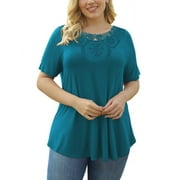CPOKRTWSO Womens Tops Plus Size Blouses Short Sleeve Lace Pleated Tunic Shirts (M-4X)