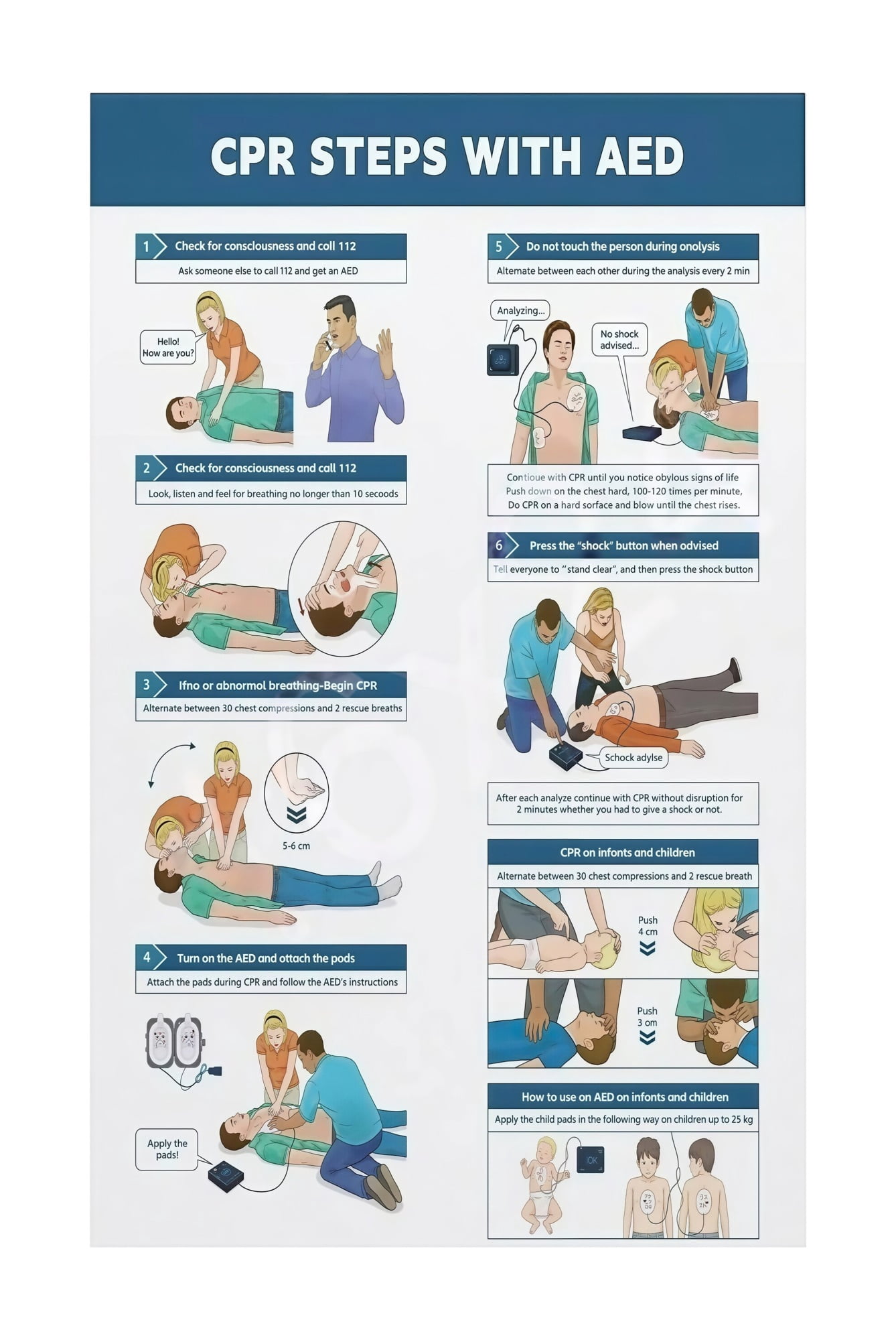 CPR AED First Aid Instructions Poster Safety Education Chart for ...
