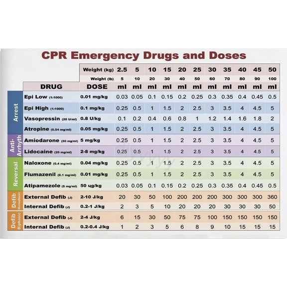 CPR Emergency Drugs and Doses Chart clinical medication training poster