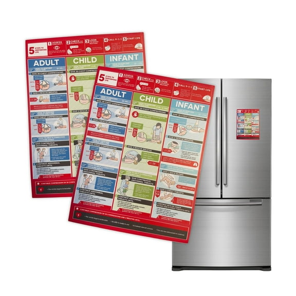 CPR Magnet Adult, Child, and Infant Refrigerator Magnet Quick Reference 2pk 8.7x11.5 Guide Poster Mannequin Illustrations Cheat Sheet