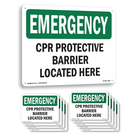 CPR Protective Barrier Located Here OSHA Emergency Aluminum Sign 10 Inch x 7 Inch - 10 Pack