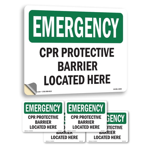 CPR Protective Barrier Located Here OSHA Emergency Vinyl Decal Label 5 Inch x 3.5 Inch - 5 Pack
