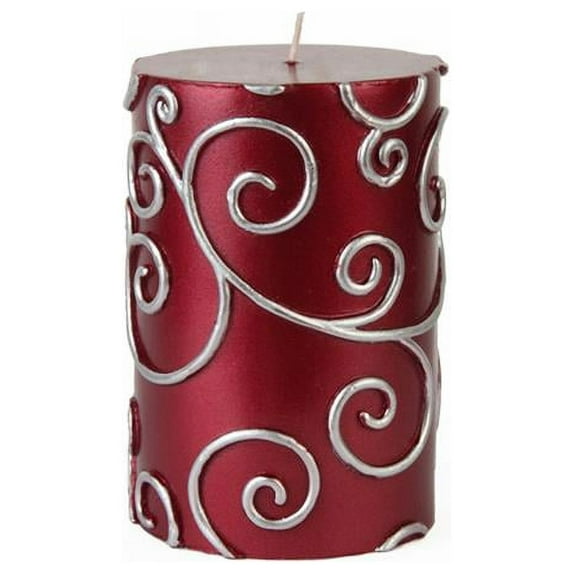 CPS-003-12 3 x 4 in. Red Scroll Pillar Candle -12pcs-Case- Bulk