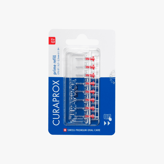 Curaprox CPS 07 Prime Refill Interdental Brushes, Red, Gentle Cleaning of Tight Gaps, for Adults, 8 Count