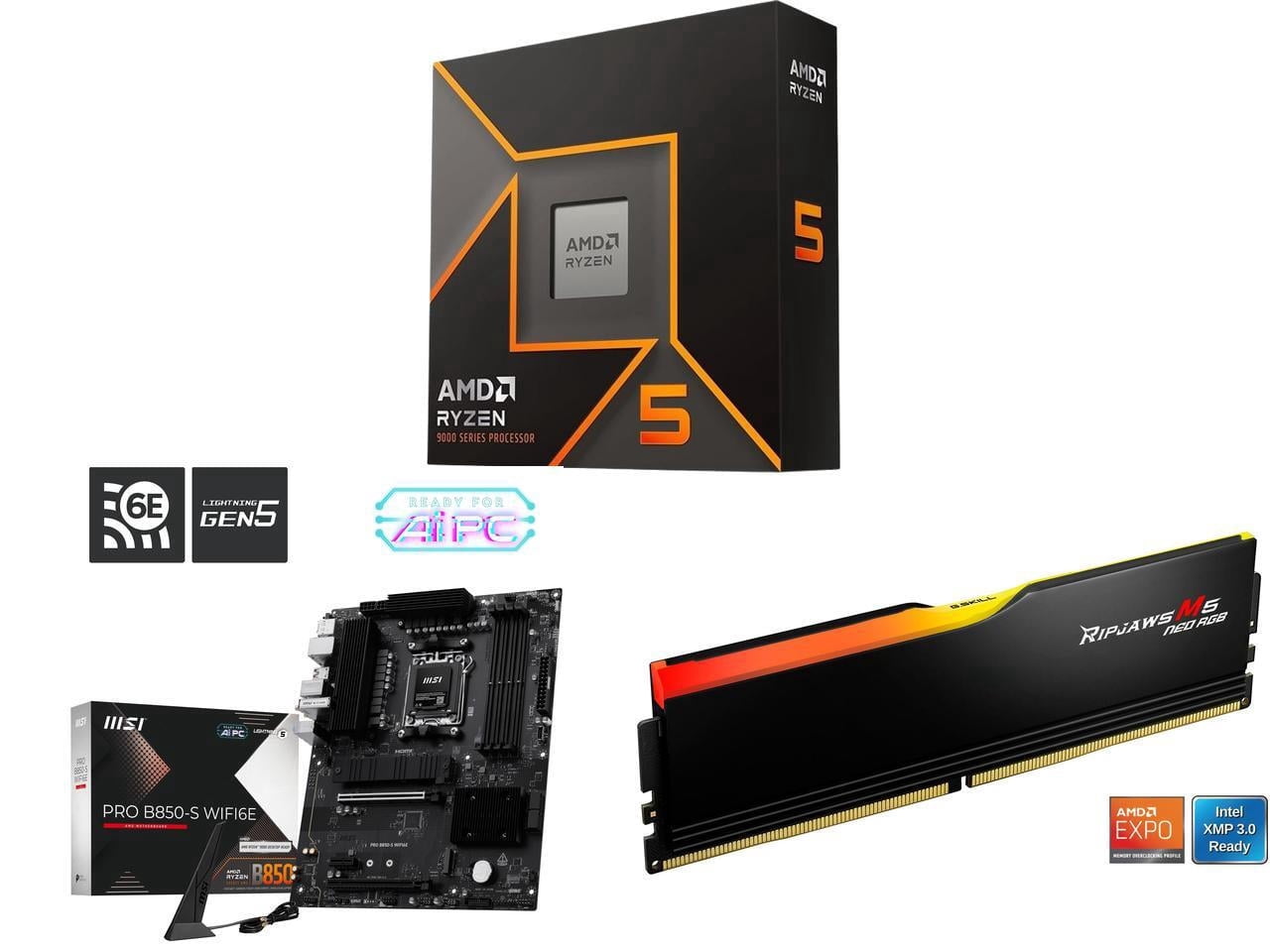 CPU Motherboard Memory Combo - AMD Ryzen 5 9600X Bundle with MSI PRO B850-S WIFI6E and G.SKILL F5-6000J3636F16GX1-RM5NRK