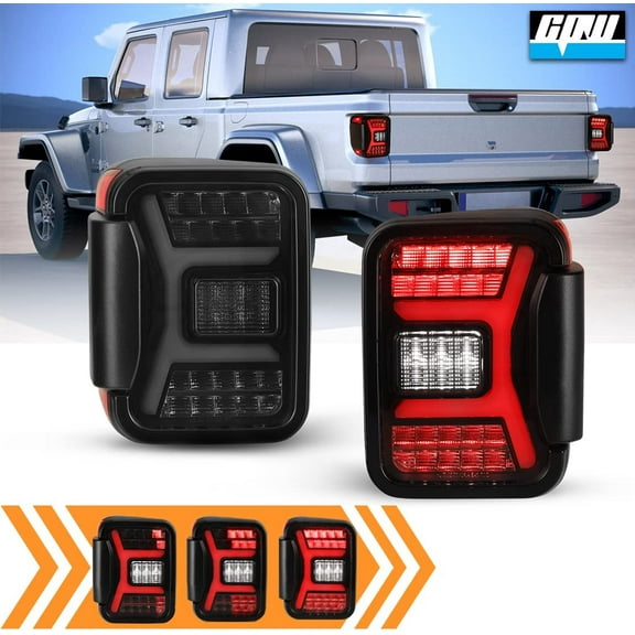 CPW LED Tail Lights Assembly for 2019-2021 Jeep Gladiator JT, Sequential Turn Signal/DRL/Super Bright White Backup Rear Brake Lamp Taillights Replacement Black Housing/Smoke Lens