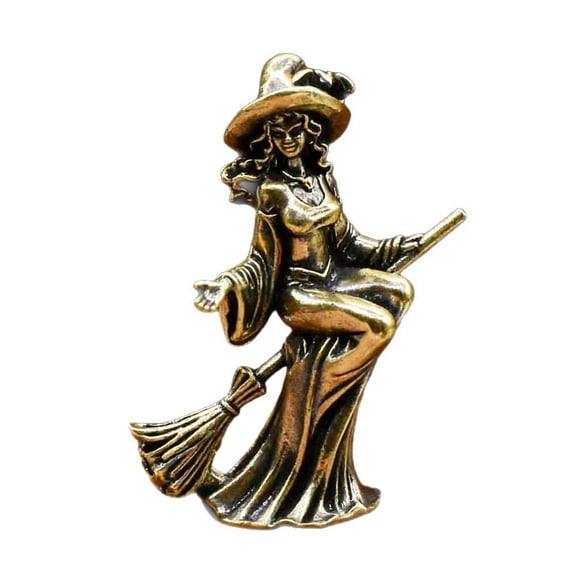 CPXXWXV Brass Witch Figurine on Broomstick, Vintage South Asian Metal Statue, Bohemian Gothic Desk Ornament & Shelf Decor, Unique for Witches & Collectors