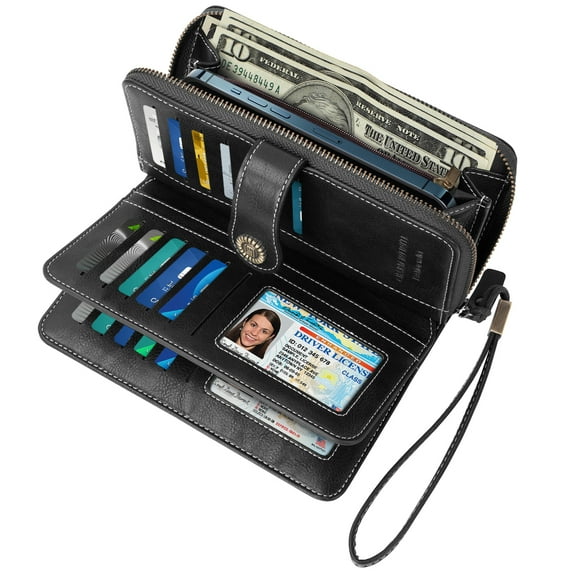 Women's Wallet, Large Capacity Purse with 23 Credit Card Holder & 2 ID Windows, Leather Ladies Wallet with RFID Blocking Phone & Wristlet Purse, Black
