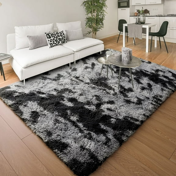 CQAOE 5x7 Fluffy Shag Area Rug for Living Room and Bedroom, Non-Slip Soft Modern Carpet, Cozy Plush Floor Mat for Home Décor-Tye-Dye-Gray