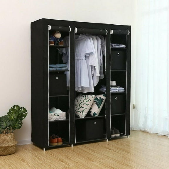 CQAOE 69" Portable Closet Wardrobe, Freestanding Fabric Closet Organizer with 12 Shelves and Hanging Rod, Easy Assembly, Ideal for Bedroom, Walk-in Closet, Apartment Storage Solution（Black）