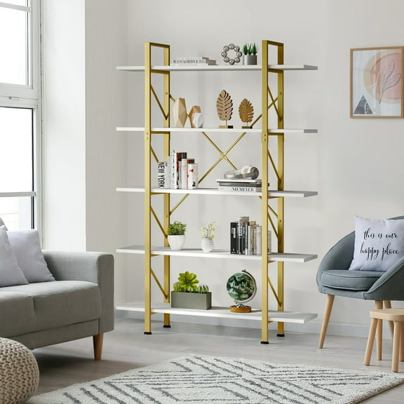 CQAOE 71" Industrial Bookshelf with Rustic Wood Shelves – Tall Metal Bookcase for Living Room, Home Office, Bedroom Storage & Display-Gold