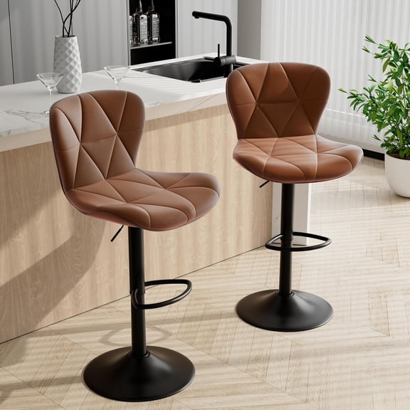CQAOE Adjustable Bar Stools Set of 2, Swivel Counter Height Bar Chairs with Backrest, Faux Leather Upholstered, Modern Kitchen Island Stools for Dining Room,Light Brown