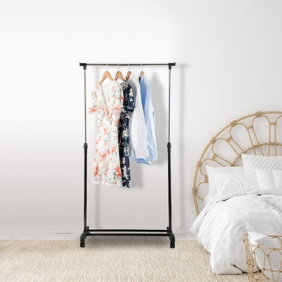 CQAOE Adjustable Rolling Clothes Rack with Single Hanging Bar, Sturdy ...