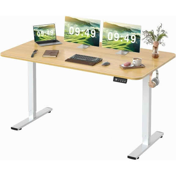 CQAOE Electric Height Adjustable Standing Desk 55 x 24 Inch | Sit-Stand Home Office Desk with Memory Preset, Sturdy T-Shaped Frame, Spacious Workstation for Computer & Study – Light Wood