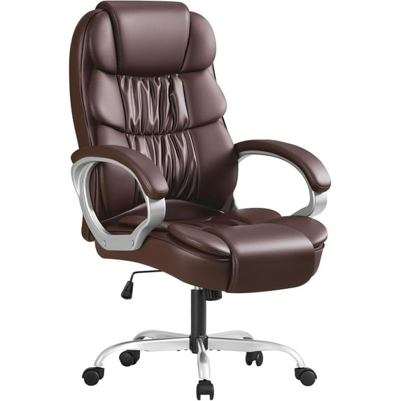 CQAOE Ergonomic Leather High Back Office Chair with Lumbar Support, Swivel Executive Desk Chair with Soft Cushioned Seat & Padded Arms for Home Office Workspace (Brown)