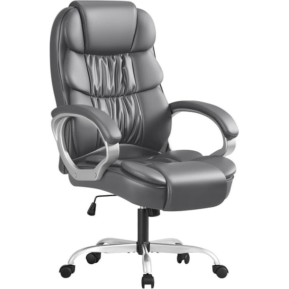 CQAOE Ergonomic Leather High Back Office Chair with Lumbar Support, Swivel Executive Desk Chair with Soft Cushioned Seat & Padded Arms for Home Office Workspace (Grey)