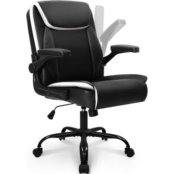 CQAOE Ergonomic Office Chair, Mid-Back Leather Executive Task Chair with Flip-Up Arms, Swivel Computer Chair with Wheels for Home Office & Study (Black)