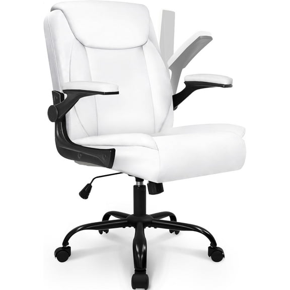 CQAOE Ergonomic Office Chair, Mid-Back Leather Executive Task Chair with Flip-Up Arms, Swivel Computer Chair with Wheels for Home Office & Study (White)