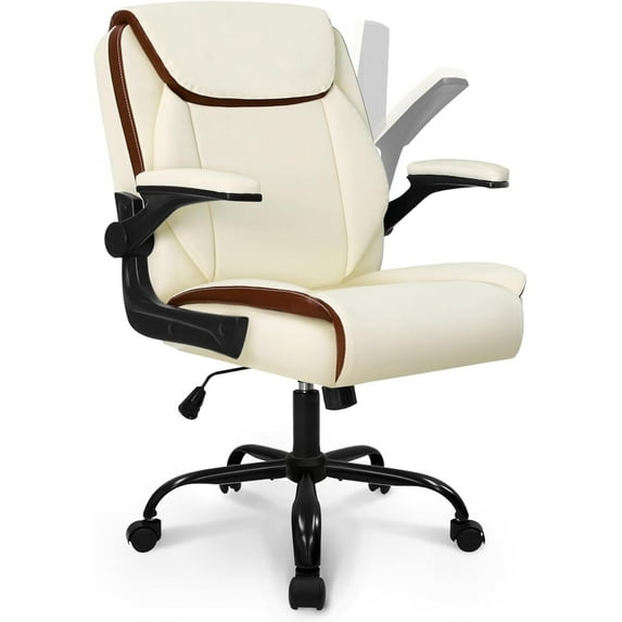 CQAOE Ergonomic Office Desk Computer Chair with Mid-Back Support, Flip-Up Armrests & Swivel Wheels – PU Leather Executive Task Chair for Home Office & Study (Ivory)