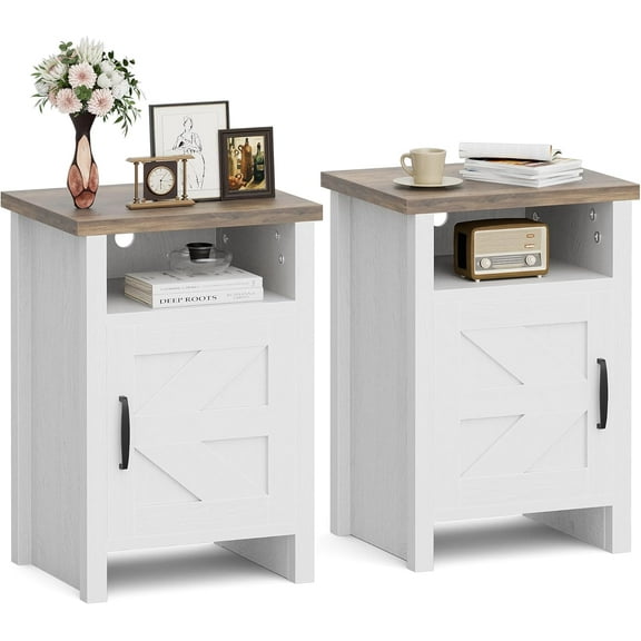 CQAOE Farmhouse Nightstand with Barn Door & Storage Shelf, Rustic Bedside Table for Bedroom, Living Room, Modern End Table with Cabinet for Home Decor (2, White)
