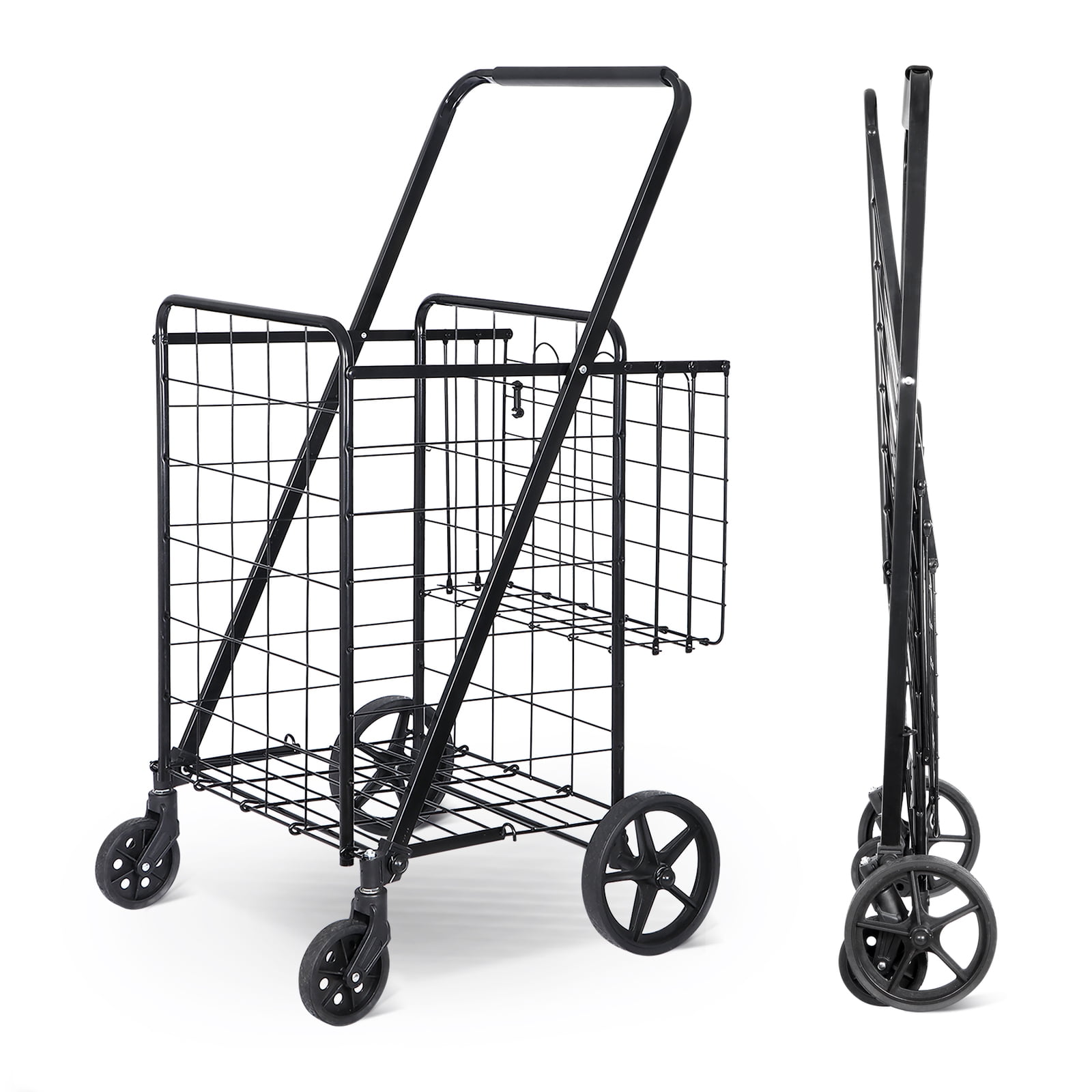 CQAOE Foldable Shopping Cart with Wheels, Durable Utility Basket Trolley for Grocery, Laundry, Market, Apartment & Daily Errands  Black
