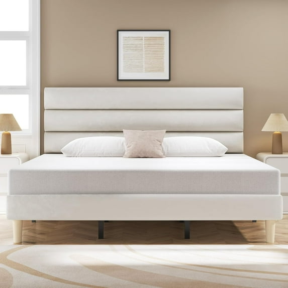 CQAOE King Bed Frame, Platform Bed Frame with Velvet Upholstered Headboard, No Box Spring Needed, Sturdy Metal Support, Noise Free, Easy Assembly, Modern Bedroom Furniture, Beige