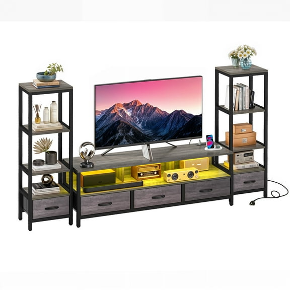CQAOE LED TV Stand for 43"–65" TVs with 4-Tier Storage Shelves, Power Outlets & Drawers – Modern Entertainment Center for Living Room, Bedroom, Gaming Setup--Grey