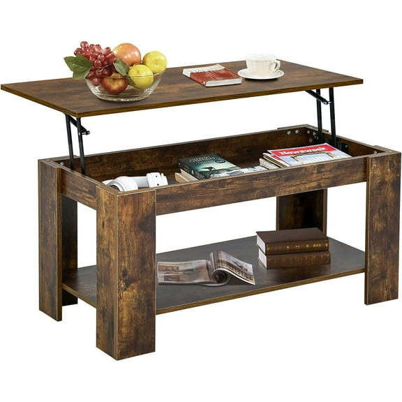 CQAOE Lift-Top Coffee Table with Hidden Storage Compartment & Lower Shelf for Living Room, Modern Rising Tabletop for Home Office, Small Spaces –Brown