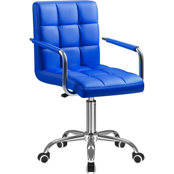 CQAOE Mid-Back PU Leather Office Chair – Ribbed Executive Task Chair with Arms, Adjustable Height & Swivel, Retro Modern Desk Chair for Home Office Workstation (Blue)