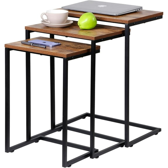 CQAOE Nesting C Shaped End Tables Set of 3, Stackable Industrial Side Table for Small Space, Living Room, Bedroom, Laptop Snack Tray with Heavy Duty Metal Frame