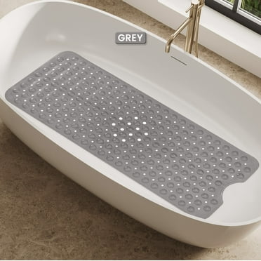 CQAOE Non-Slip Bath Tub Mat 40 x 16 Inch, Extra Long PVC Shower Mat, Antibacterial Bathroom Mat with Strong Suction Cups, Machine Washable, Perfect for Bathtubs & Showers（Gray）