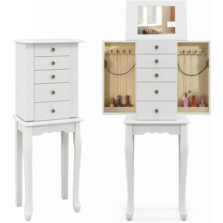 CQAOE Standing Jewelry Armoire Cabinet with 4 Drawers, Flip Top Mirror, Necklace Hooks, Storage Shelves – White Organizer Box for Girls, Bedroom, Dressing Room Gift