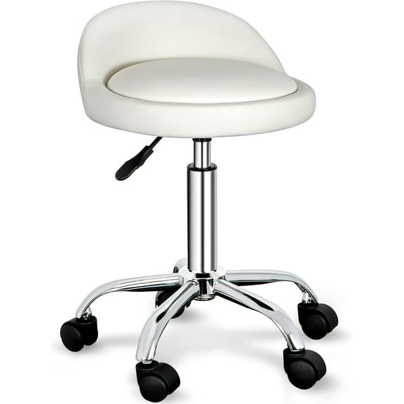 CQAOE Swivel Salon Stool with PU Leather Cushion and Backrest, Adjustable Height 18"-23.8", 360° Rotation, Supports 300 lbs, Comfortable Chair for Hair Salon, Spa, Office (White)