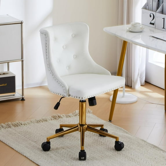 CQAOE White Velvet Armless Home Office Desk Chair with Gold Base/Wheels, Small Cute Vanity/Makeup Chair with Back for Bedroom, Upholstered Adjustable Rolling Swivel Nail Chair for Women/Girls