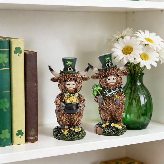 CQCYD 2Pcs St. Patrick's Day Decor Irish Highlands Cow Figurine, Leprechaun Pot With Golden Shamrocks, Resin Sculpture for Home Office Desk and Mantel Shelf