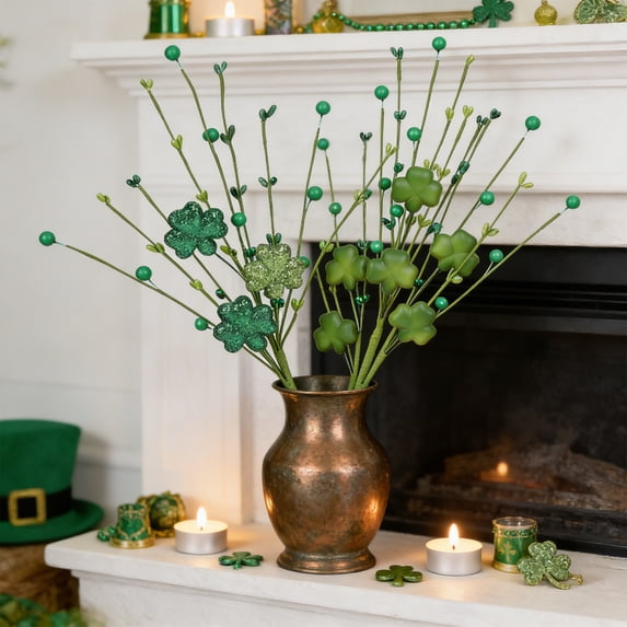 CQCYD 2Pcs St Patricks Day Shamrocks, Green Plastic Shamrock Cuttings Artificial Stems Decorations For Saint Patricks Day Party Home Bar Office Decor Spring Festival Irish Theme Celebration