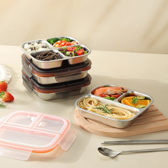 CQCYD 2Pcs Stainless Steel Food Storage Container, 3 Compartment Lunch Box with Lid, Odor Proof Bento Box for Office Travel Adults