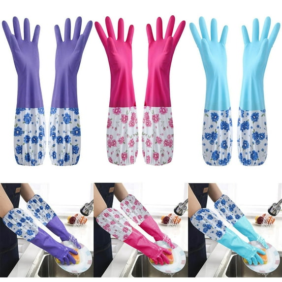 CQCYD 3Pcs Cleaning Gloves, Long Rubber Velvet Flower Household Washing Gloves Antiskid Kitchen Dishwashing Laundry Cleaning Gloves for Women Men Home Car Wash