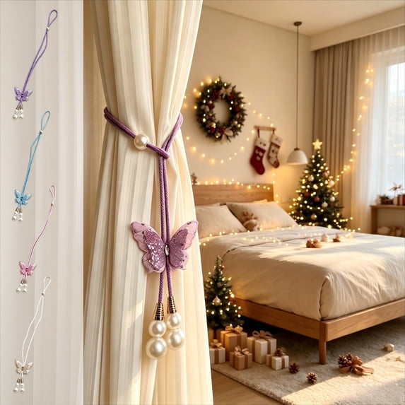 CQCYD 4Pcs Adjustable Curtain Tiebacks, Sequin Butterfly Drapery Holdbacks, Hand-Woven Rope Curtain Tie Backs with Pearl Beads for Window Curtains, Decorative Cord Holders for Bedroom Living Room, 20