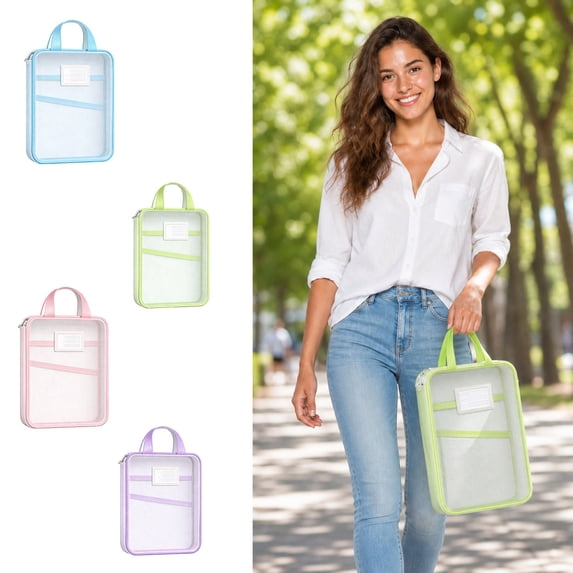CQCYD 4Pcs Clear Mesh Zipper Document Bag, A4 Transparent File Storage Pouch with Handle, Portable Organizer for Adults, Lightweight Travel Tote, 13x10 inch