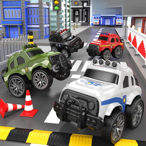 CQCYD 4Pcs Friction Police Car Toy 360 Rotating, Stunt Vehicle with Push Power On for Boys and Toddlers, ABS Plastic Off Road Truck for Indoor Outdoor Play, Battery Free for Ages 3 and Up